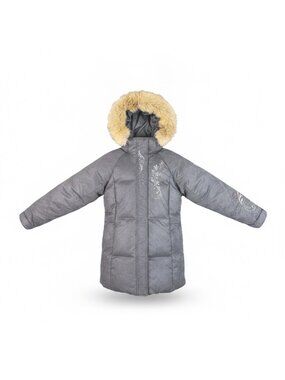 Cabelas Womens Gray Goose Down Insulated Hooded Jacket Faux Fur Trim Size L/G